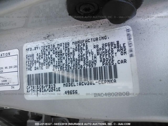 4T1BE32K32U017957 - 2002 TOYOTA CAMRY LE/XLE/SE ვერცხლისფერი ფოტო 9