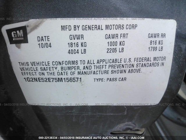 1G2NE52E75M156571 - 2005 PONTIAC GRAND AM SE GRAY photo 9