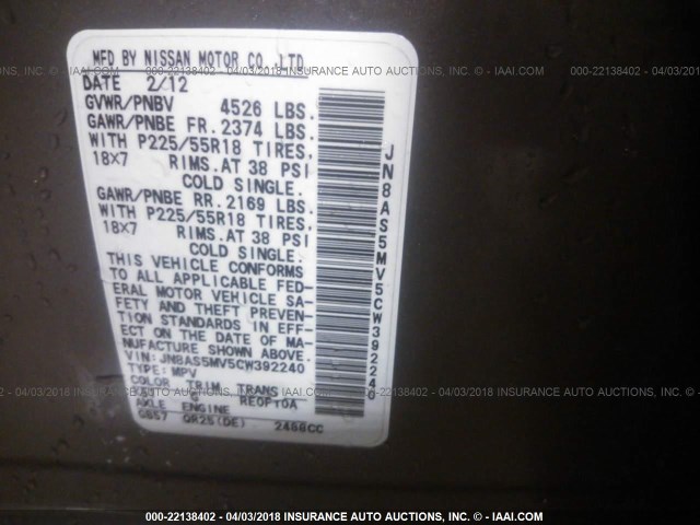 JN8AS5MV5CW392240 - 2012 NISSAN ROGUE S/SV GRAY photo 9