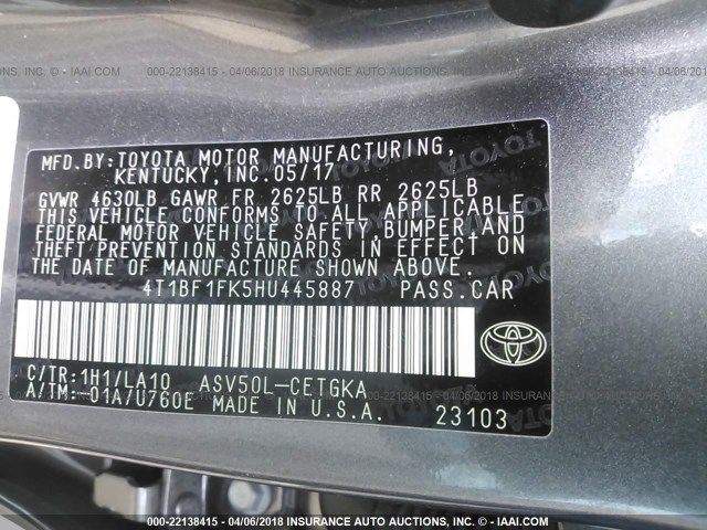 4T1BF1FK5HU445887 - 2017 TOYOTA CAMRY LE/XLE/SE/XSE GRAY photo 9