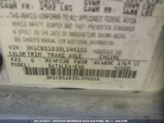 3N1CB51D35L544155 - 2005 NISSAN SENTRA 1.8/1.8S SILVER photo 9