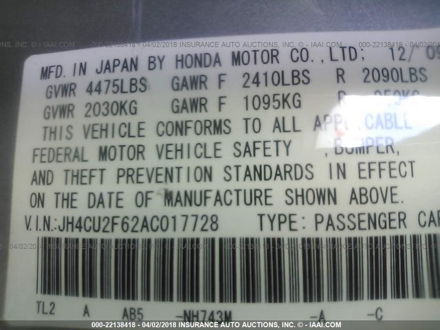 JH4CU2F62AC017728 - 2010 ACURA TSX SILVER photo 9