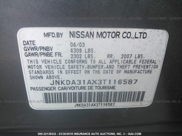 JNKDA31AX3T116587 - 2003 INFINITI I35 GRAY photo 9