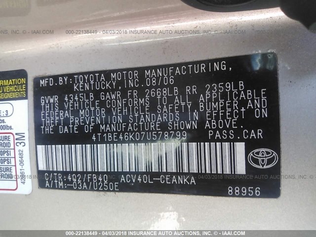 4T1BE46K07U578799 - 2007 TOYOTA CAMRY NEW GENERAT CE/LE/XLE/SE GOLD photo 9