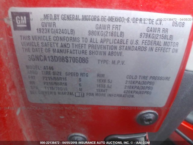 3GNCA13D08S706086 - 2008 CHEVROLET HHR LS RED photo 9