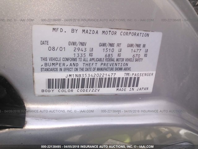 JM1NB353420221477 - 2002 MAZDA MX-5 MIATA LS SILVER photo 9