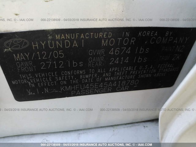 KMHFU45E45A418780 - 2005 HYUNDAI XG 350 WHITE photo 9