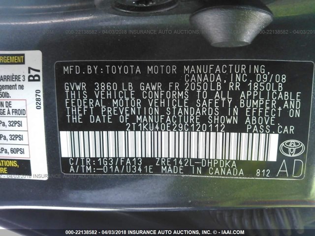 2T1KU40E29C120112 - 2009 TOYOTA COROLLA MATRIX  GRAY photo 9