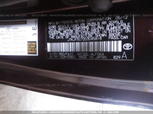 JTKJF5C72D3045818 - 2013 TOYOTA SCION TC 勃艮第红 照片 9