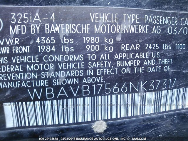 WBAVB17566NK37317 - 2006 BMW 325 I AUTOMATIC BLACK photo 9