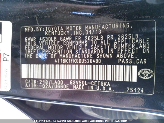 4T1BK1FK0DU526480 - 2013 TOYOTA CAMRY SE/XLE BLACK photo 9