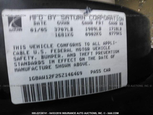 1G8AW12F25Z146469 - 2005 SATURN ION LEVEL 3 BLACK photo 9