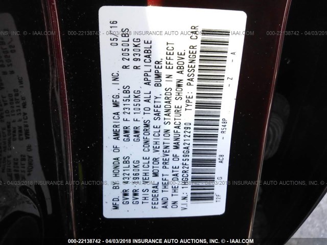 1HGCR2F59GA212290 - 2016 HONDA ACCORD SPORT ბურგუნდია ფოტო 9