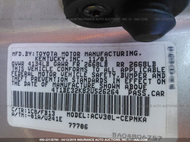 4T1BE32K82U526264 - 2002 TOYOTA CAMRY LE/XLE/SE SILVER photo 9