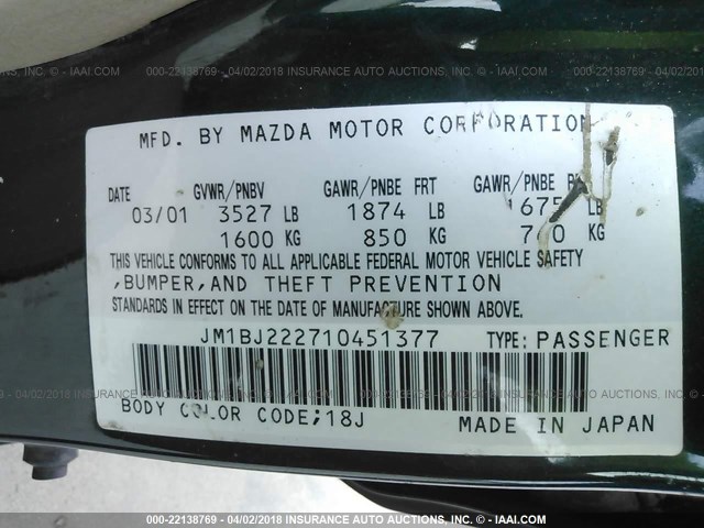 JM1BJ222710451377 - 2001 MAZDA PROTEGE DX/LX GREEN photo 9