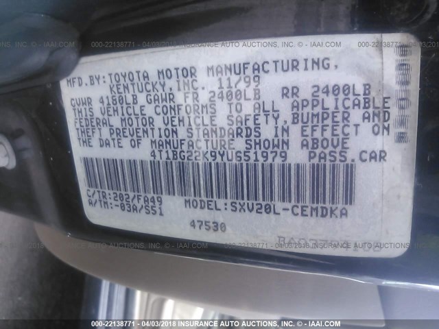 4T1BG22K9YU651979 - 2000 TOYOTA CAMRY CE/LE/XLE 黑色 照片 9