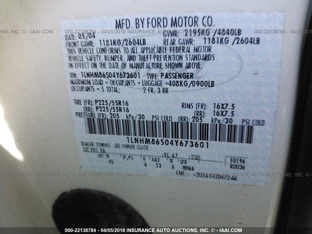 1LNHM86S04Y673601 - 2004 LINCOLN LS Ağ foto 9