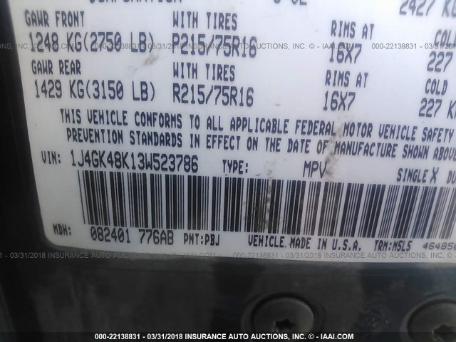 1J4GK48K13W523786 - 2003 JEEP LIBERTY SPORT/FREEDOM ლურჯი ფოტო 9