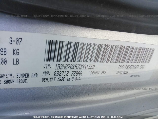 1B3HB78K57D331558 - 2007 DODGE CALIBER R/T SILVER photo 9