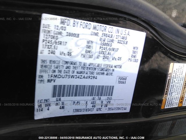 1FMDU75W34ZA49394 - 2004 FORD EXPLORER LIMITED 黑色 照片 9