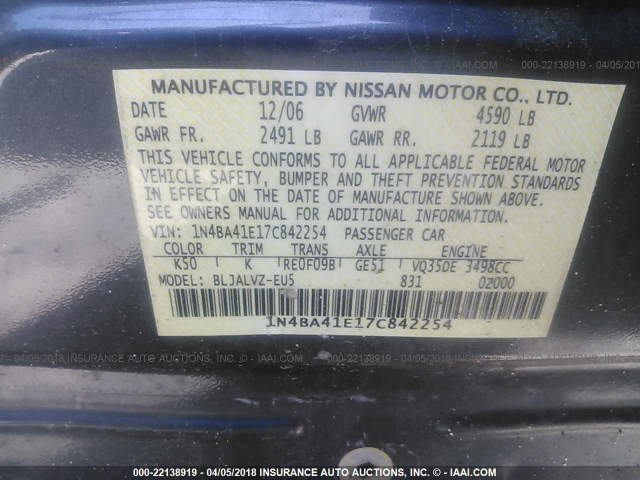 1N4BA41E17C842254 - 2007 NISSAN MAXIMA SE/SL GRAY photo 9