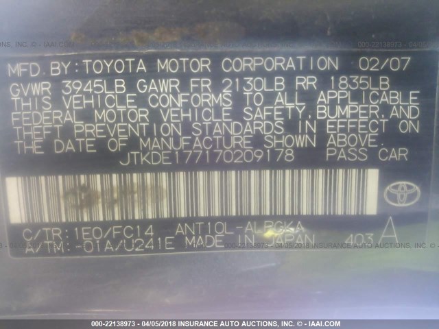 JTKDE177170209178 - 2007 TOYOTA SCION TC 灰色 照片 9