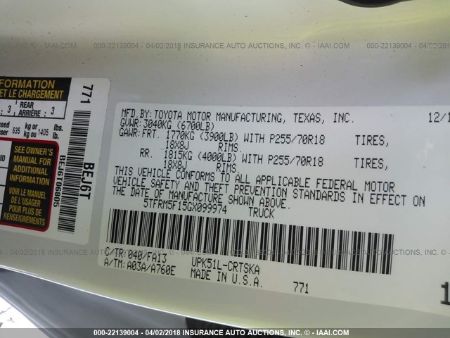 5TFRM5F15GX099974 - 2016 TOYOTA TUNDRA DOUBLE CAB SR/SR5 WHITE photo 9