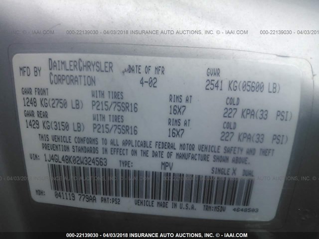 1J4GL48K02W324563 - 2002 JEEP LIBERTY SPORT Gümüş foto 9