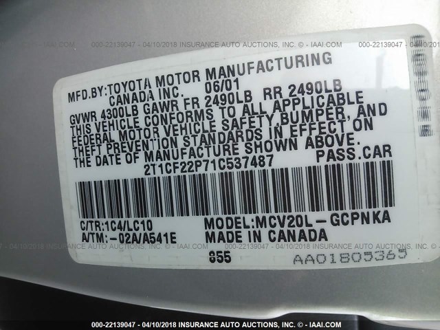 2T1CF22P71C537487 - 2001 TOYOTA CAMRY SOLARA SE/SLE ვერცხლისფერი ფოტო 9