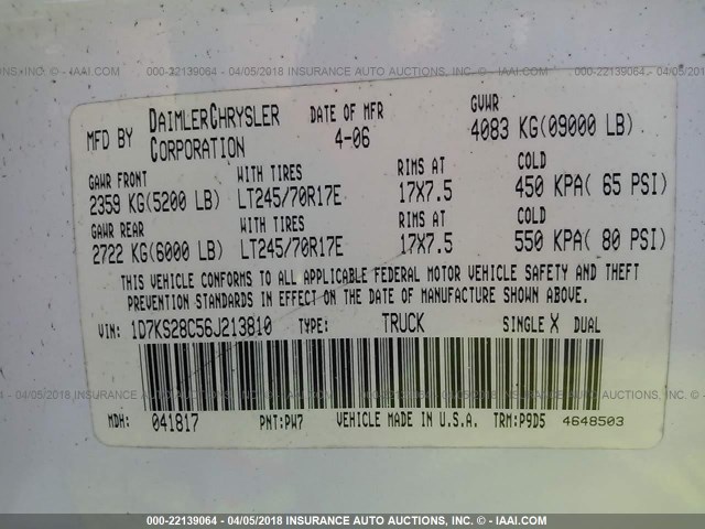 1D7KS28C56J213810 - 2006 DODGE RAM 2500 ST/SLT 白色 照片 9