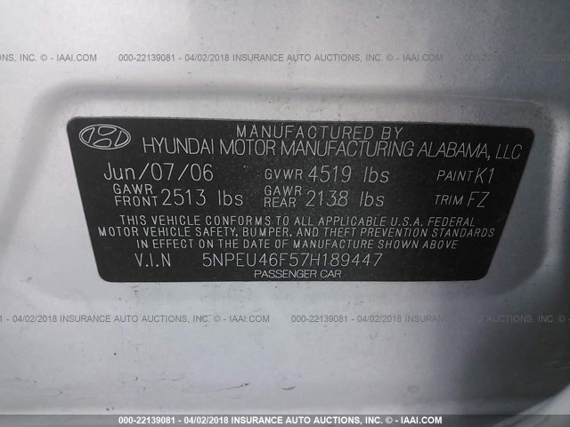 5NPEU46F57H189447 - 2007 HYUNDAI SONATA SE/LIMITED SILVER photo 9