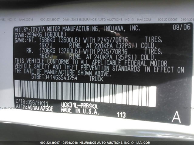 5TBET34146S543254 - 2006 TOYOTA TUNDRA DOUBLE CAB SR5 WHITE photo 9