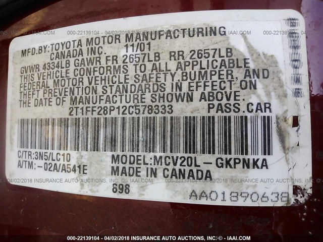 2T1FF28P12C578333 - 2002 TOYOTA CAMRY SOLARA SE/SLE 红色 照片 9