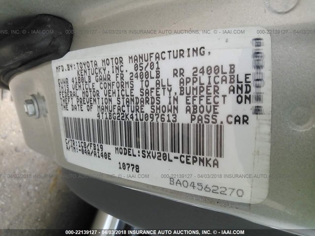 4T1BG22K41U097613 - 2001 TOYOTA CAMRY CE/LE/XLE 银色 照片 9