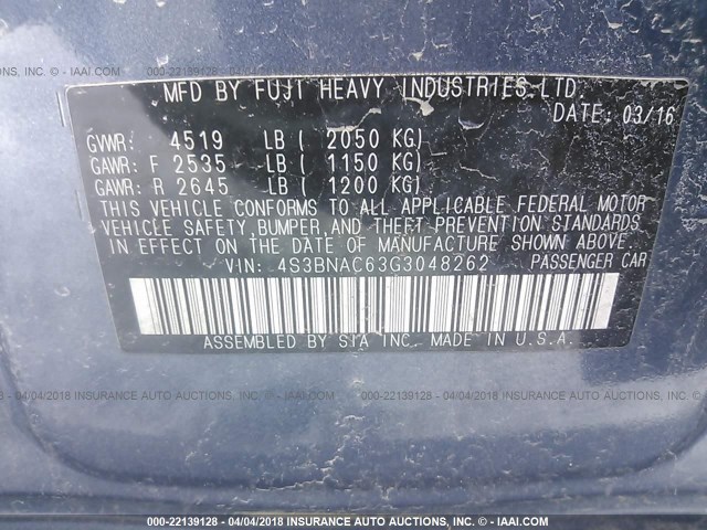 4S3BNAC63G3048262 - 2016 SUBARU LEGACY 2.5I PREMIUM BLUE photo 9