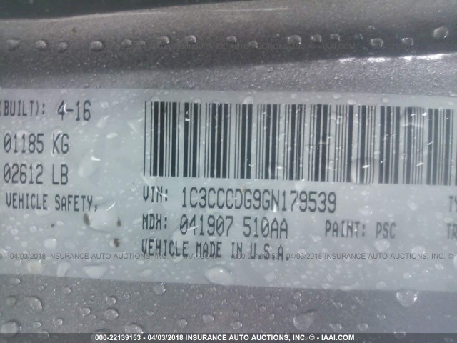 1C3CCCDG9GN179539 - 2016 CHRYSLER 200 S SILVER photo 9