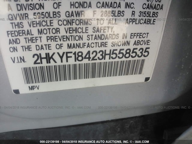 2HKYF18423H558535 - 2003 HONDA PILOT EX SILVER photo 9