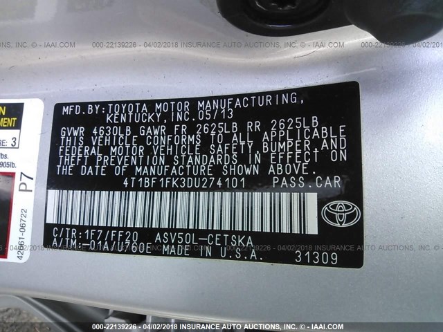 4T1BF1FK3DU274101 - 2013 TOYOTA CAMRY L/SE/LE/XLE SILVER photo 9