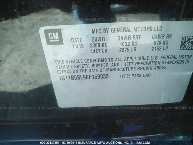 1G11B5SL9EF158935 - 2014 CHEVROLET MALIBU LS 黑色 照片 9