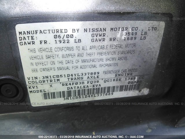 3N1CB51D4YL337889 - 2000 NISSAN SENTRA XE/GXE GRAY photo 9