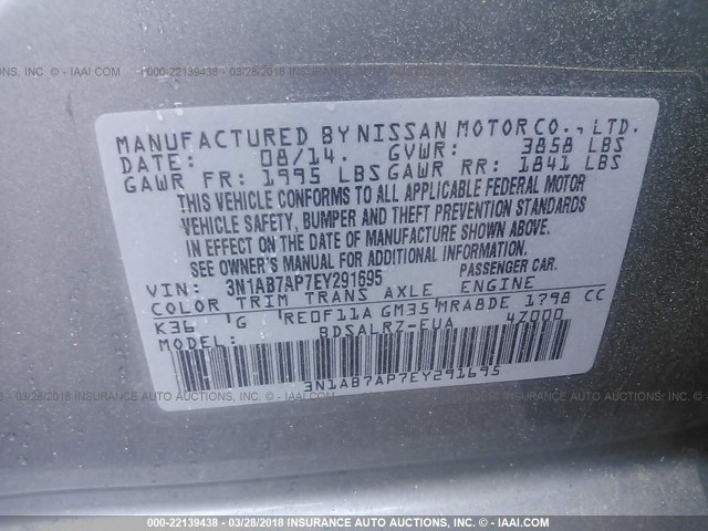 3N1AB7AP7EY291695 - 2014 NISSAN SENTRA S/SV/SR/SL GRAY photo 9