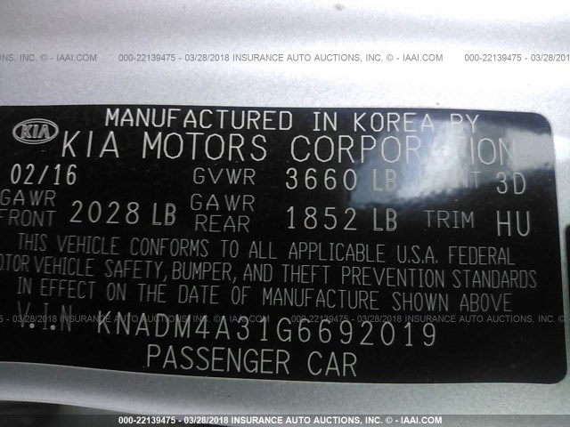 KNADM4A31G6692019 - 2016 KIA RIO LX SILVER photo 9