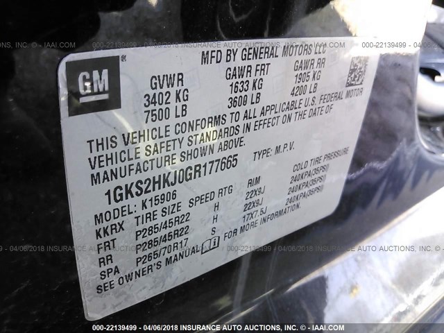 1GKS2HKJ0GR177665 - 2016 GMC YUKON XL DENALI BLACK photo 9