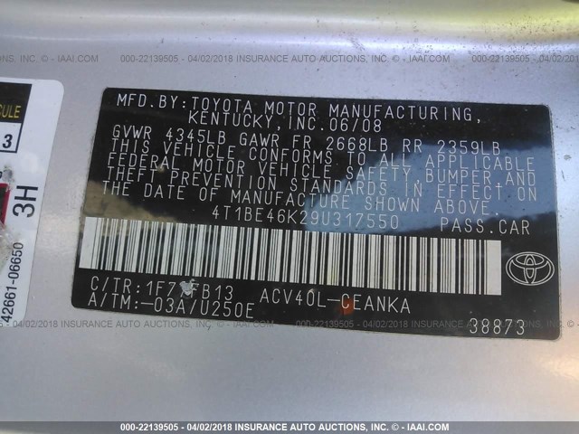 4T1BE46K29U317550 - 2009 TOYOTA CAMRY SE/LE/XLE 银色 照片 9