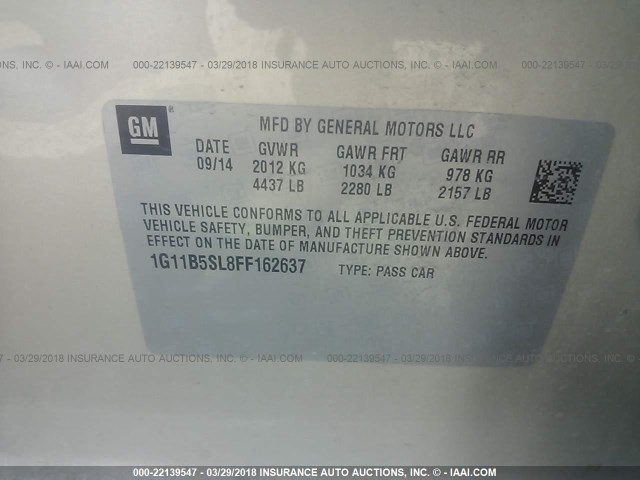 1G11B5SL8FF162637 - 2015 CHEVROLET MALIBU LS 金色 照片 9