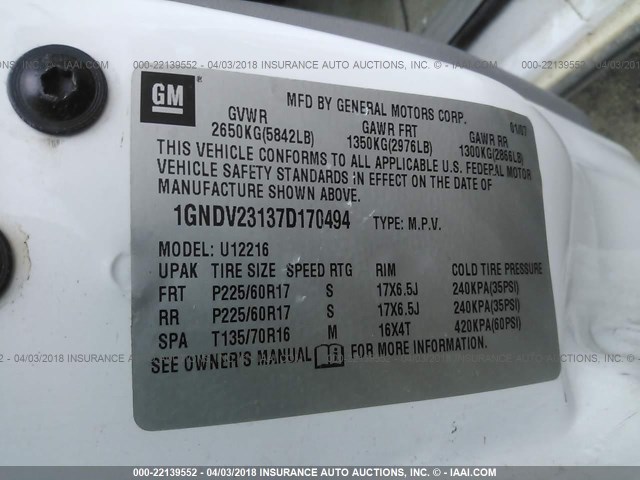 1GNDV23137D170494 - 2007 CHEVROLET UPLANDER LS თეთრი ფოტო 9