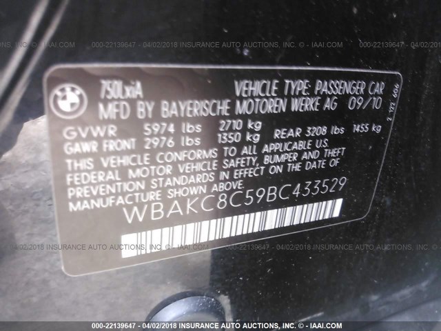 WBAKC8C59BC433529 - 2011 BMW 750 LXI BLACK photo 9