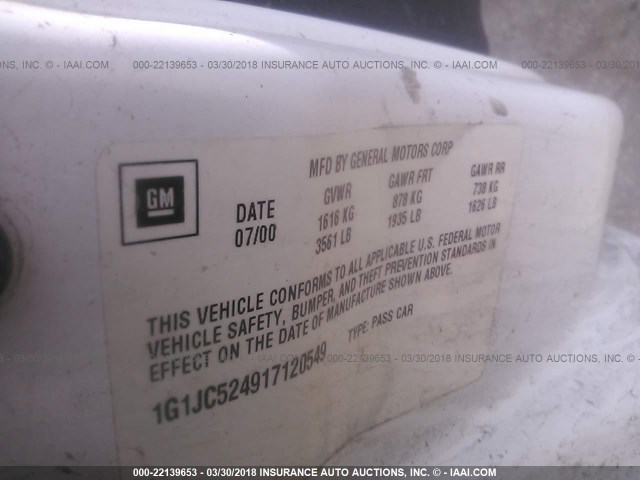 1G1JC524917120549 - 2001 CHEVROLET CAVALIER CNG WHITE photo 9