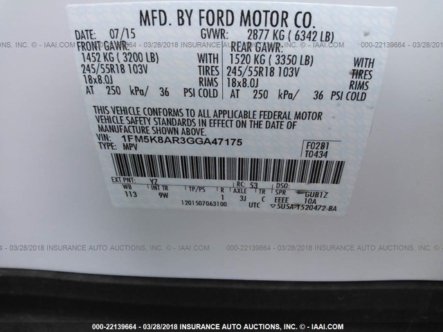 1FM5K8AR3GGA47175 - 2016 FORD EXPLORER POLICE INTERCEPTOR WHITE photo 9