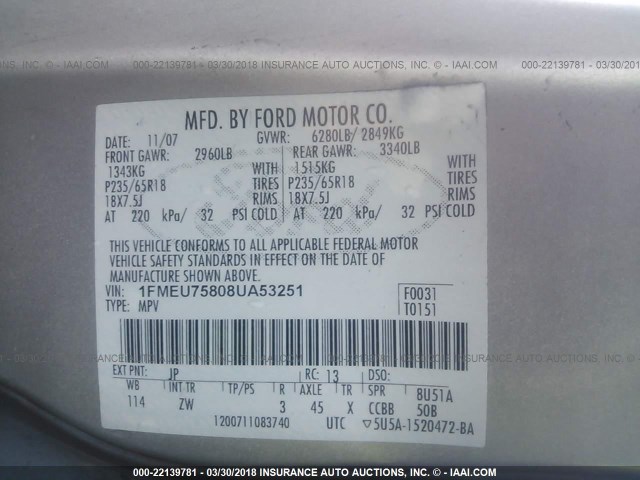 1FMEU75808UA53251 - 2008 FORD EXPLORER LIMITED SILVER photo 9